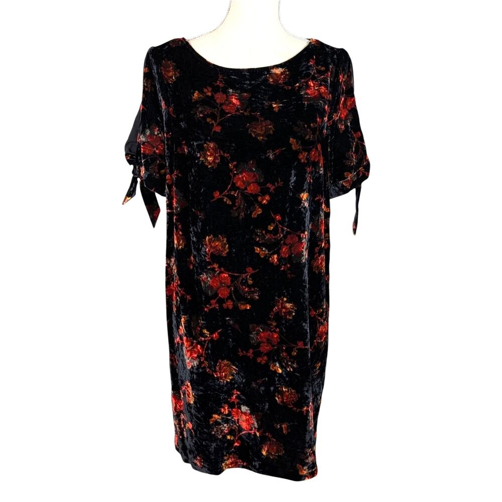 LOFT Crushed Velvet Floral Cold Shoulder Mini Dress Black Multicolor Size Medium